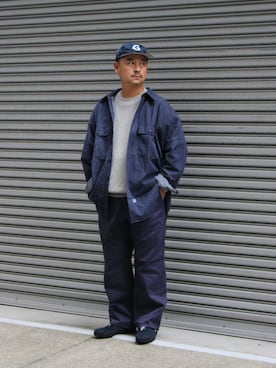 「Marvine Pontiak shirt makers（マービンポンティアックシャツメーカーズ）のMarvine Pontiak WISM別注 Military Work Shirt（シャツ/ブラウス、ブルー系）」を使った、タッキーさん（メンズ・171cm）の夏コーディネート