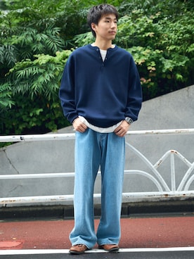 「B.C STOCK（ベーセーストック）のMID RISE STOVE PIPE JEAN（デニムパンツ、ブルー系）」を使った、らいむさん（メンズ・170cm）の夏コーディネート