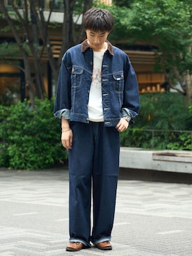 「Lee（リー）のLee / リー 別注 101 Denim Jacket（デニムジャケット、ブルー系）」を使った、らいむさん（メンズ・170cm）の夏コーディネート