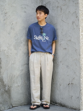 「B.C STOCK（ベーセーストック）のTropical Embroidery Tシャツ（Tシャツ/カットソー、ブルー系）」を使った、らいむさん（メンズ・170cm）の夏コーディネート