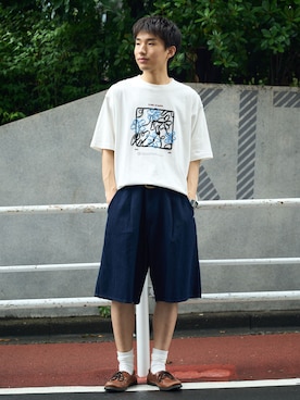 「B.C STOCK（ベーセーストック）のC/Lデニムワイドショーツ（その他パンツ、ブルー系）」を使った、らいむさん（メンズ・170cm）の夏コーディネート