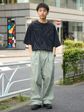 「B.C STOCK（ベーセーストック）のタイプライター NEWOVER パンツ（その他パンツ、グリーン系）」を使った、らいむさん（メンズ・170cm）の春コーディネート