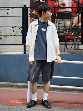 「B.C STOCK（ベーセーストック）のウールライクイージーショーツ（その他パンツ、グレー系）」を使った、らいむさん（メンズ・170cm）の夏コーディネート