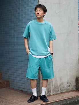 「B.C STOCK（ベーセーストック）のハイツイストリブダブルニーショーツ（その他パンツ、ブルー系）」を使った、らいむさん（メンズ・170cm）の夏コーディネート