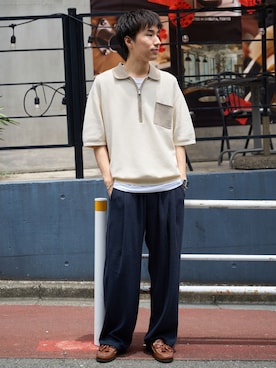 「B.C STOCK（ベーセーストック）のツータックパイルパンツ（その他パンツ、ブルー系）」を使った、らいむさん（メンズ・170cm）の夏コーディネート