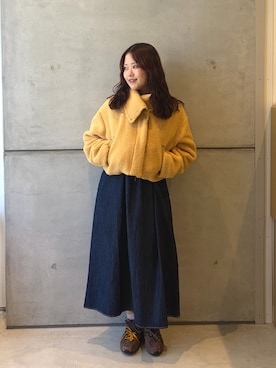 「URBAN RESEARCH DOORS（アーバンリサーチドアーズ）の『別注』NICOLE FRANCOIS×DOORS　SUMMITSHERPAJACKET（テーラードジャケット、イエロー系）」を使った、eruさん（レディース・158cm）の秋コーディネート