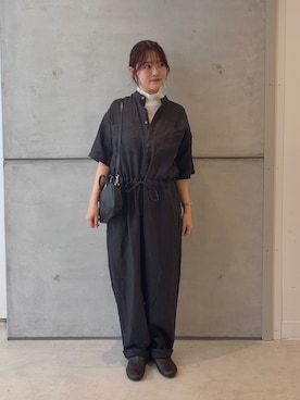 「かぐれ（カグレ）のリネンハーフスリーブオールインワン（つなぎ/オールインワン、グレー系）」を使った、eruさん（レディース・158cm）の夏コーディネート
