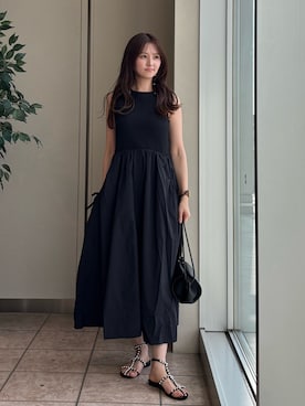 「NANO universe（ナノユニバース）のシャーリングドッキングワンピース（ワンピース、ブラック系）」を使った、hitonanoさん（レディース・160cm）の夏コーディネート