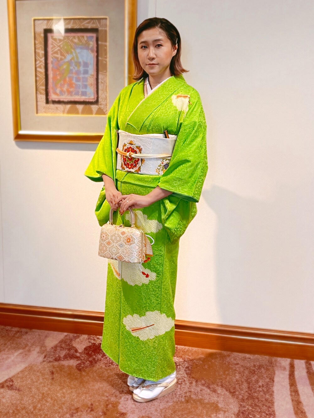 「秋のコーデ、古着、着物、着物コーデ、結婚式、休日スタイル、グリーン、着物女子、オトナ女子、秋」｜「no brandのアイテム（着物、グリーン系）」を使った、⑦さん（レディース・168cm）の秋コーディネートの1枚目の写真
