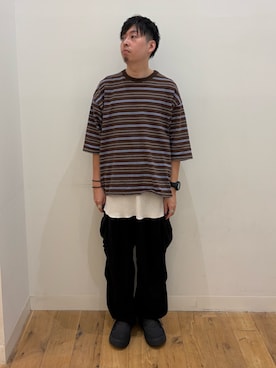 「SENSE OF PLACE by URBAN RESEARCH(センスオブプレイスバイアーバンリサーチ)のボーダーエクストラルーズTシャツ(Tシャツ/カットソー、ブラウン系)」を使った、*キミヲ*さん(メンズ・174cm)の春コーディネート
