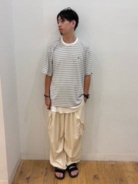 「SENSE OF PLACE by URBAN RESEARCH(センスオブプレイスバイアーバンリサーチ)のワンポイントシシュウロゴTシャツ(Tシャツ/カットソー、ホワイト系)」を使った、*キミヲ*さん(メンズ・174cm)の夏コーディネート