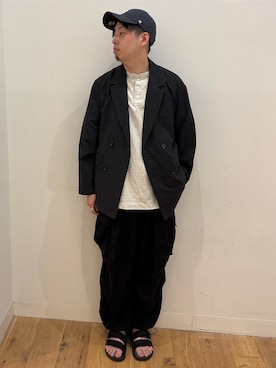 「SENSE OF PLACE by URBAN RESEARCH(センスオブプレイスバイアーバンリサーチ)のシアサッカーダブルジャケット(その他アウター、ブラック系)」を使った、*キミヲ*さん(メンズ・174cm)の夏コーディネート