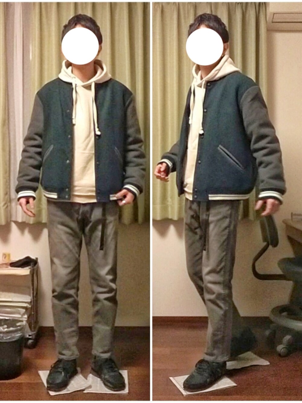 「オーバーサイズ、カジュアルコーデ、冬コーデ、ラフ、おしゃれさんと繋がりたい、スタジャン、パーカー、デニム、スニーカー」｜「ZARAのアイテム（スタジャン、グリーン系）」を使った、Katzさん（メンズ・179cm）の冬コーディネートの1枚目の写真