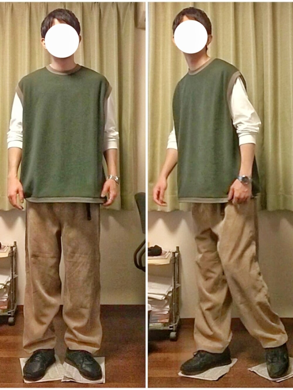 「休日スタイル、秋のコーデ、ビッグシルエット、オトナカジュアル、レイヤードスタイル、おしゃれさんと繋がりたい、ベスト、Tシャツ、ワイドパンツ、コーデュロイ、スニーカー」｜「niko and...のドロストアーミーベスト（ベスト、グリーン系）」を使った、Katzさん（メンズ・179cm）の秋コーディネートの1枚目の写真