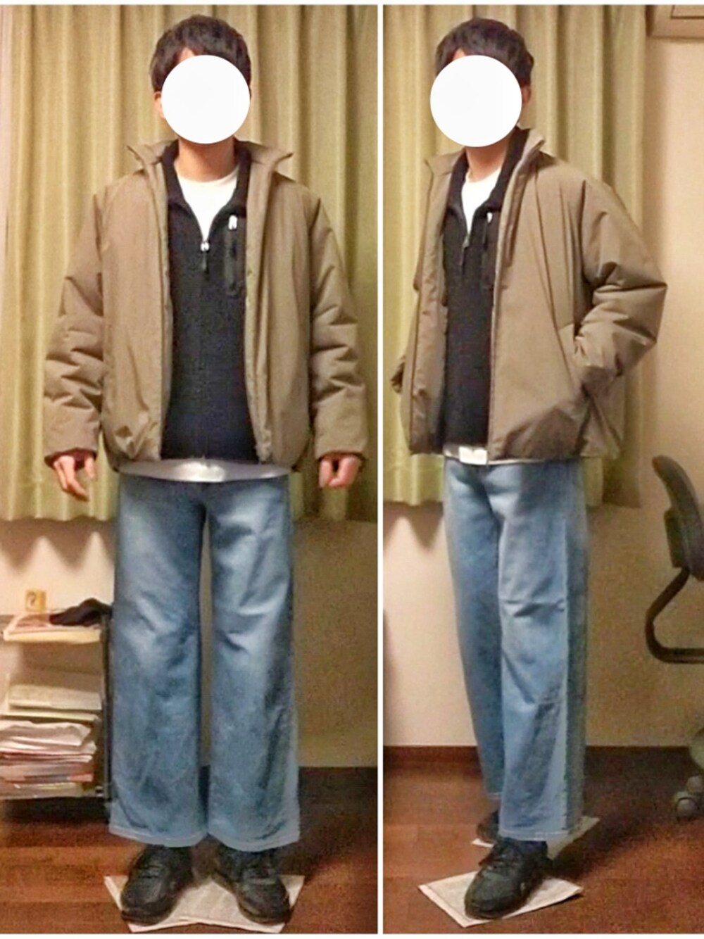 「冬コーデ、お洒落さんとつながりたい、カジュアル、ラフ、ダウンジャケット、ボア、Tシャツ、ワイドパンツ、デニム、スニーカー、UNIQLO、H&M」｜「green label relaxingのCM 撥水 TC 中わた ブルゾン ＜ 機能性生地 ＞（ブルゾン、グリーン系）」を使った、Katzさん（メンズ・179cm）の冬コーディネートの1枚目の写真