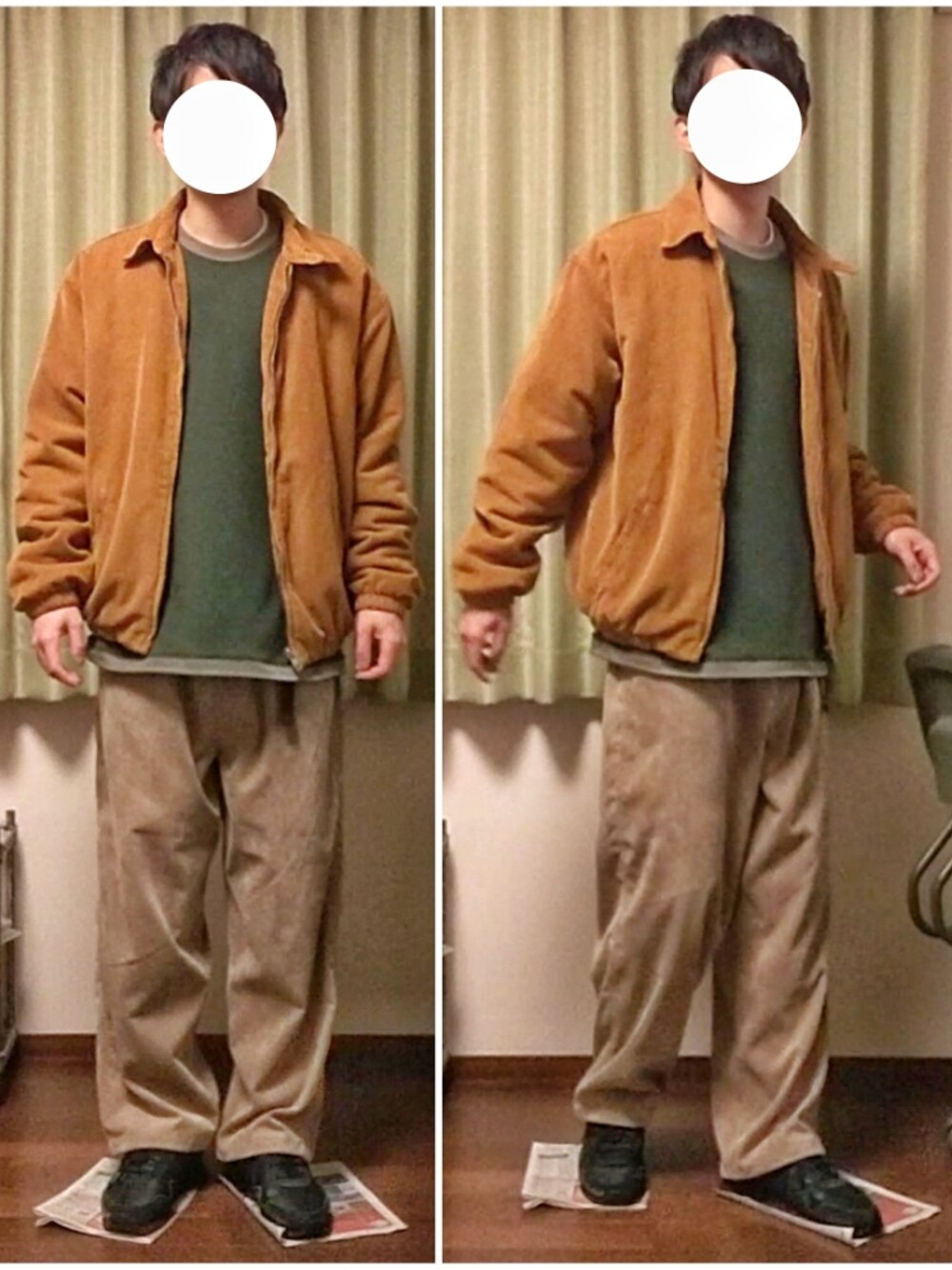 「おしゃれさんと繋がりたい、秋のコーデ、カジュアル、ビッグシルエット、レイヤードスタイル、コーデュロイ、ベスト、Tシャツ、ワイドパンツ、スニーカー」｜「ZARAのコーデュロイドリズラーブルゾン（ブルゾン、イエロー系）」を使った、Katzさん（メンズ・179cm）の秋コーディネートの1枚目の写真