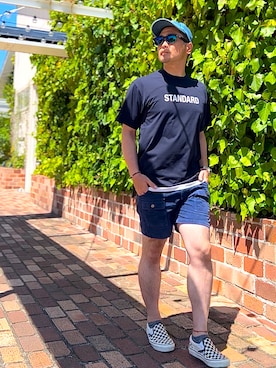 「アイテム（スリッポン、ホワイト系）」を使った、タケウチ☆ボンバイエさん（メンズ・173cm）の夏コーディネート