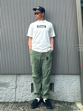 「coen（コーエン）の【WEB限定】バックサテンベイカーパンツ#（その他パンツ、グリーン系）」を使った、タケウチ☆ボンバイエさん（メンズ・173cm）の夏コーディネート