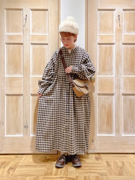 「チェックワンピース」｜「アイテム（その他雑貨）」を使った、はまなかさん（レディース・151cm）の冬コーディネート