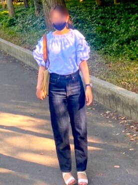 「fifth（フィフス）の【近藤千尋セレクト】2wayストライプブラウス（シャツ/ブラウス、ブルー系）」を使った、フルグラさん（レディース・160cm）の夏コーディネート