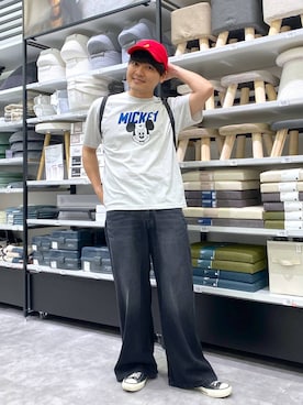 「LAKOLE（ラコレ）のジャンクフード刺繍キャップ/639393（キャップ、レッド系）」を使った、むーやんさん（メンズ・169cm）の夏コーディネート