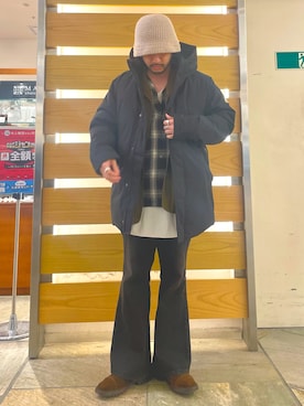 「ハット」｜「アイテム（ダウンジャケット/コート）」を使った、MURAYAMAさん（メンズ・172cm）の冬コーディネート