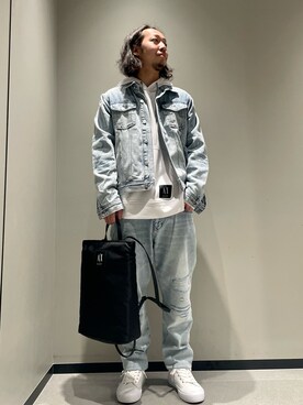 「ARMANI EXCHANGE（アルマーニエクスチェンジ）の【A|X アルマーニ エクスチェンジ】デニムジャケット（デニムジャケット、ブルー系）」を使った、まるてぃさん（メンズ・172cm）の春コーディネート