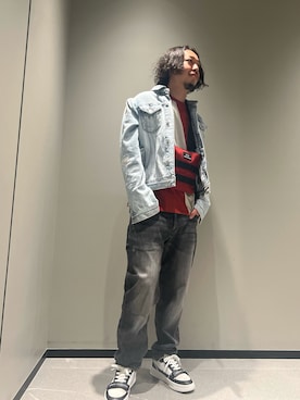 「ARMANI EXCHANGE（アルマーニエクスチェンジ）の【A|X アルマーニ エクスチェンジ】デニムジャケット（デニムジャケット、ブルー系）」を使った、まるてぃさん（メンズ・172cm）の春コーディネート