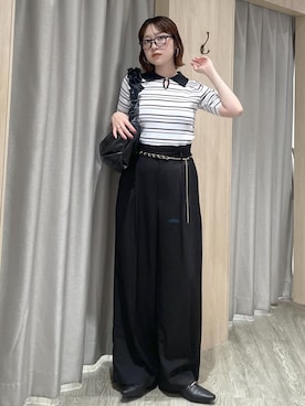 「VIS（ビス）のチェーンベルトタックワイドパンツ/UVケア・防シワ（その他パンツ、ブラック系）」を使った、なつきさん（レディース・159cm）の夏コーディネート
