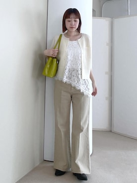 「VIS（ビス）のクルーネックコンパクトカーディガン/イージーケア（カーディガン/ボレロ、ホワイト系）」を使った、なつきさん（レディース・159cm）の春コーディネート