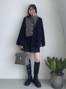 「アイテム（ノーカラージャケット）」を使った、なつきさん（レディース・159cm）の秋コーディネート