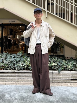 「CPCM(シーピーシーエム)のストライプカバーオールシャツ(シャツ/ブラウス)」を使った、kaito ideさん(メンズ・172cm)の夏コーディネート