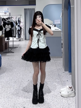 「OLIVE des OLIVE（オリーブデオリーブ）のアイテム（シャツ/ブラウス、ブラック系）」を使った、ちゆきさん（レディース・153cm）の夏コーディネート