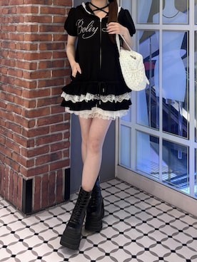 「OLIVE des OLIVE（オリーブデオリーブ）のアイテム（パーカー、ブラック系）」を使った、ちゆきさん（レディース・153cm）の春コーディネート