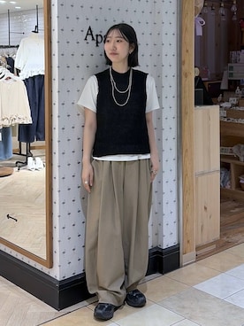 「A part by（アパートバイ）のスラックスコクーンボリュームパンツ（スラックス、ベージュ系）」を使った、eriaさん（レディース・151cm）の春コーディネート
