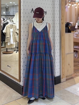 「A part by（アパートバイ）のマドラスチェックキャミワンピース（ワンピース、ブルー系）」を使った、eriaさん（レディース・151cm）の春コーディネート