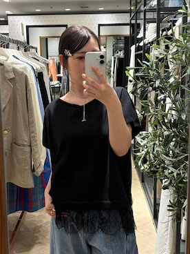 「A part by（アパートバイ）のレースレイヤードニット_半袖（ニット/セーター、ブラック系）」を使った、eriaさん（レディース・151cm）の夏コーディネート