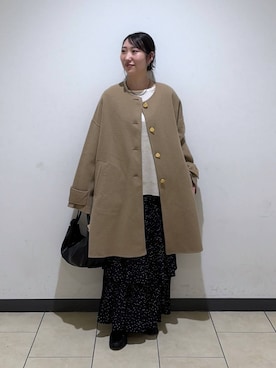 「アイテム（ノーカラーコート、ベージュ系）」を使った、eriaさん（レディース・152cm）の秋コーディネート