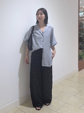 「A part by（アパートバイ）のシアーオープンカラーシャツ（シャツ/ブラウス、ブルー系）」を使った、eriaさん（レディース・151cm）の夏コーディネート