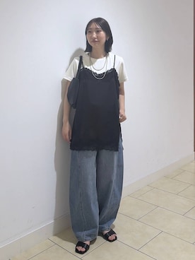 「A part by（アパートバイ）のApbコクーンデニムパンツ（デニムパンツ、ブルー系）」を使った、eriaさん（レディース・151cm）の夏コーディネート