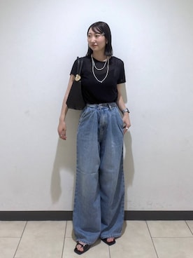 「A part by（アパートバイ）のヘマタイトビーズロングネックレス（ネックレス、シルバー系）」を使った、eriaさん（レディース・151cm）の夏コーディネート