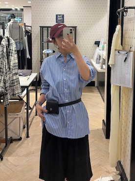 「A part by（アパートバイ）の【LA FINE BOUCHEコラボ】ストライプシャツ（シャツ/ブラウス、ブルー系）」を使った、eriaさん（レディース・151cm）の秋コーディネート