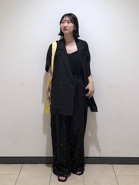 「A part by（アパートバイ）のアセテートリネン半袖ジャケット（テーラードジャケット、ブラック系）」を使った、eriaさん（レディース・151cm）の春コーディネート