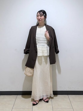 「A part by（アパートバイ）のシアーWジャケット（テーラードジャケット、ブラウン系）」を使った、eriaさん（レディース・151cm）の夏コーディネート