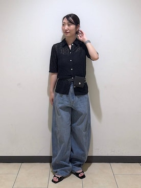 「A part by（アパートバイ）のキンチャクミニショルダバッグ（ショルダーバッグ、ブラック系）」を使った、eriaさん（レディース・151cm）の夏コーディネート