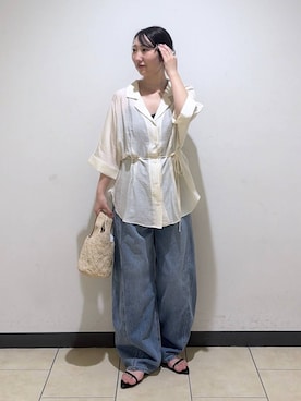 「A part by（アパートバイ）のApbコクーンデニムパンツ（デニムパンツ、ブルー系）」を使った、eriaさん（レディース・151cm）の夏コーディネート