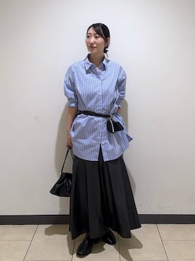 「A part by（アパートバイ）の【LA FINE BOUCHEコラボ】ストライプシャツ（シャツ/ブラウス、ブルー系）」を使った、eriaさん（レディース・151cm）の秋コーディネート