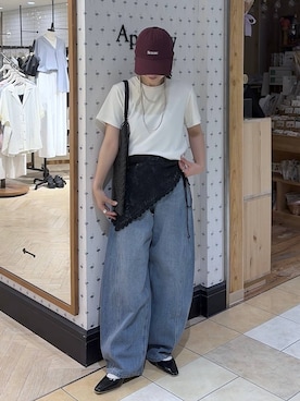 「A part by（アパートバイ）のApbコクーンデニムパンツ（デニムパンツ、ブルー系）」を使った、eriaさん（レディース・151cm）の春コーディネート