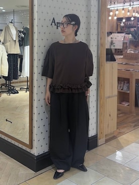 「A part by（アパートバイ）の【接触冷感】フリルヘムブラウス（シャツ/ブラウス、ブラウン系）」を使った、eriaさん（レディース・151cm）の夏コーディネート