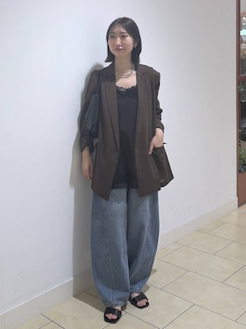 「A part by（アパートバイ）のApbコクーンデニムパンツ（デニムパンツ、ブルー系）」を使った、eriaさん（レディース・151cm）の夏コーディネート